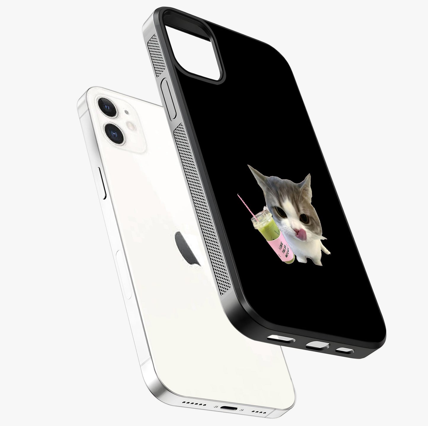 Matcha Cat Style Glass Case laid diagonally highlighting side profile, edges and glossy glass shine.