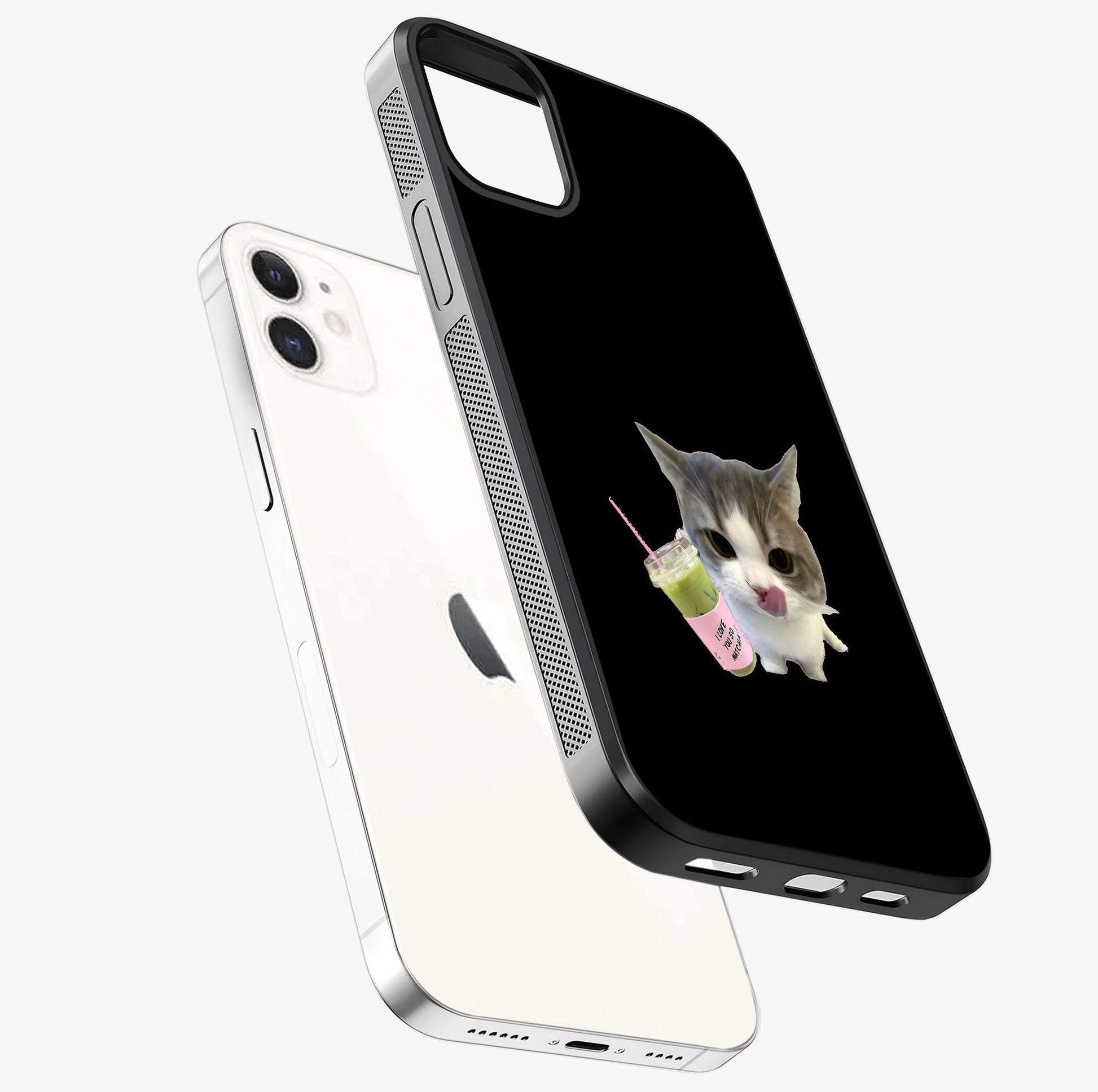 Matcha Cat Style Glass Case laid diagonally highlighting side profile, edges and glossy glass shine.