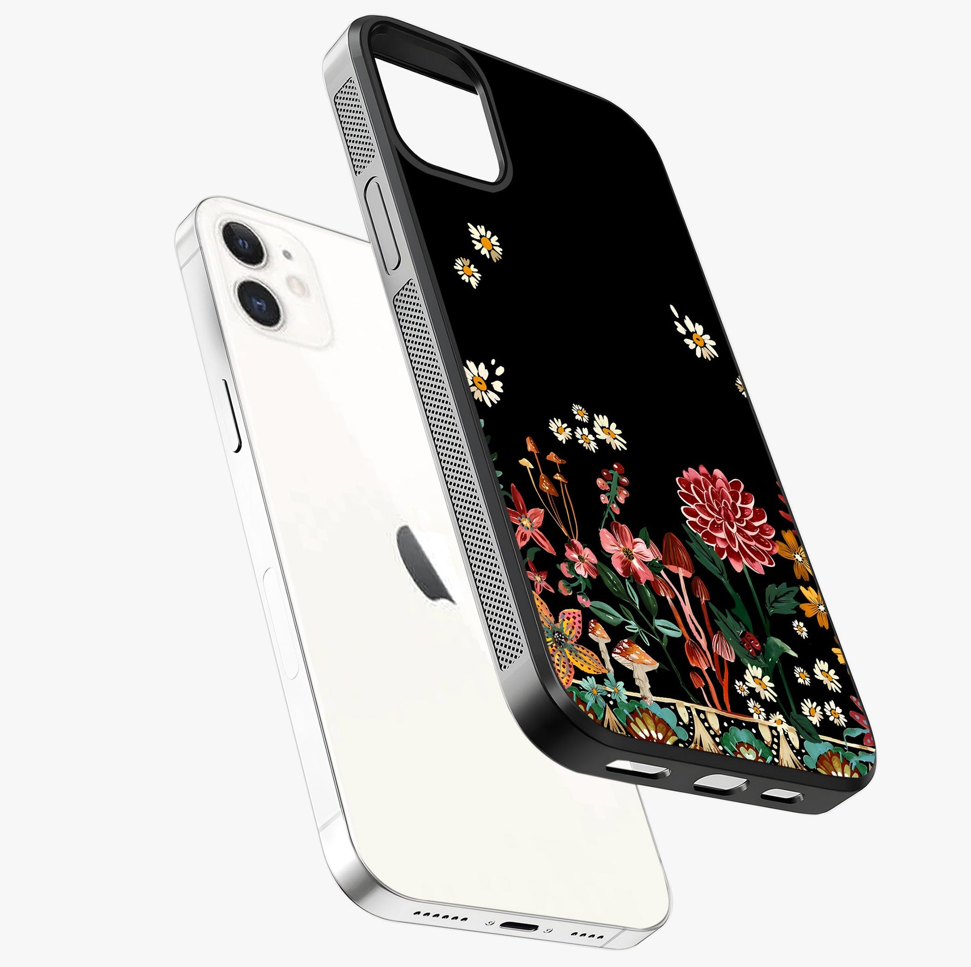 Midnight Bloom Pattern Glass Case laid diagonally highlighting side profile, edges and glossy glass shine.