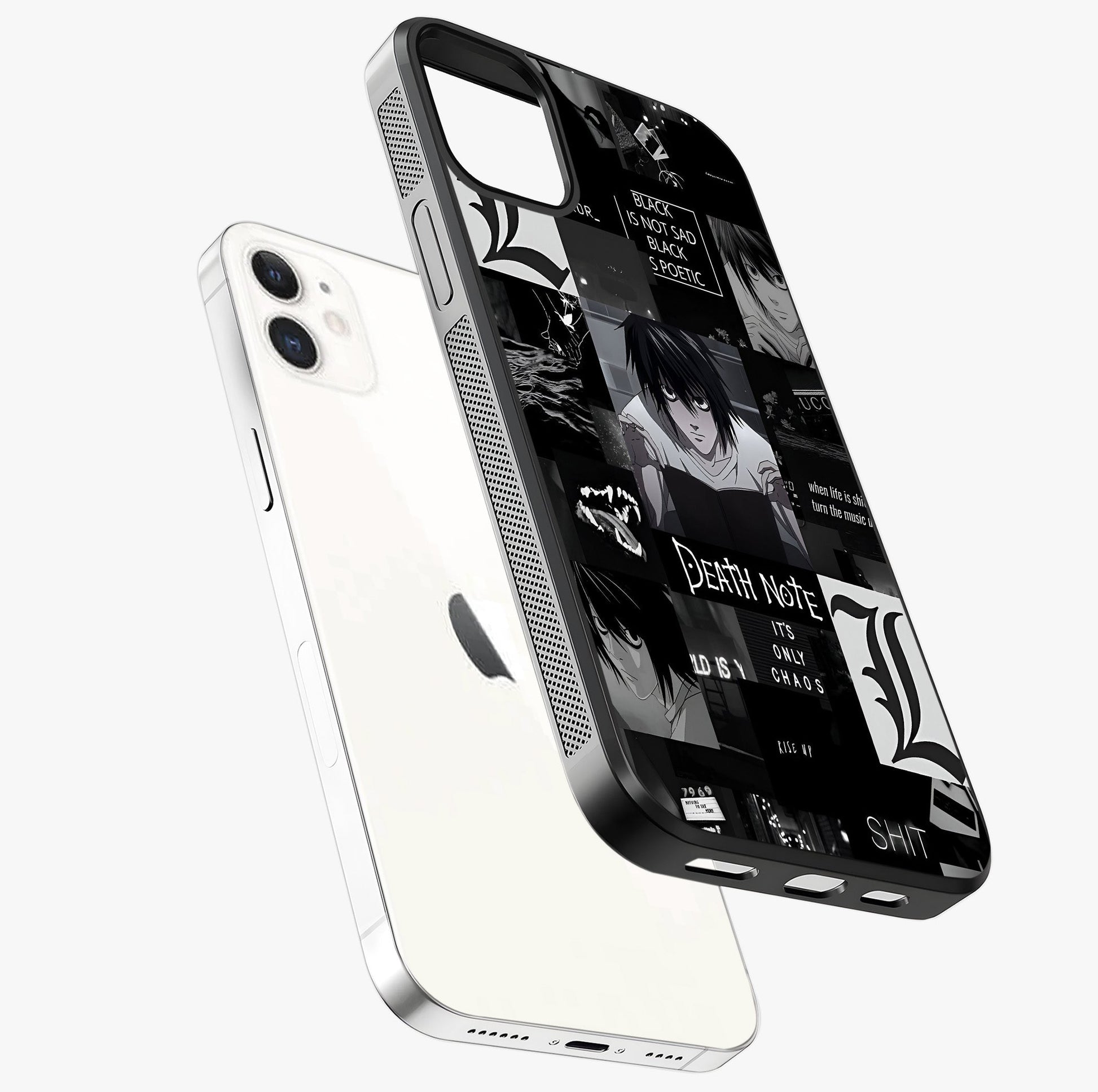 Midnight Chaos Mind Glass Case laid diagonally highlighting side profile, edges and glossy glass shine.