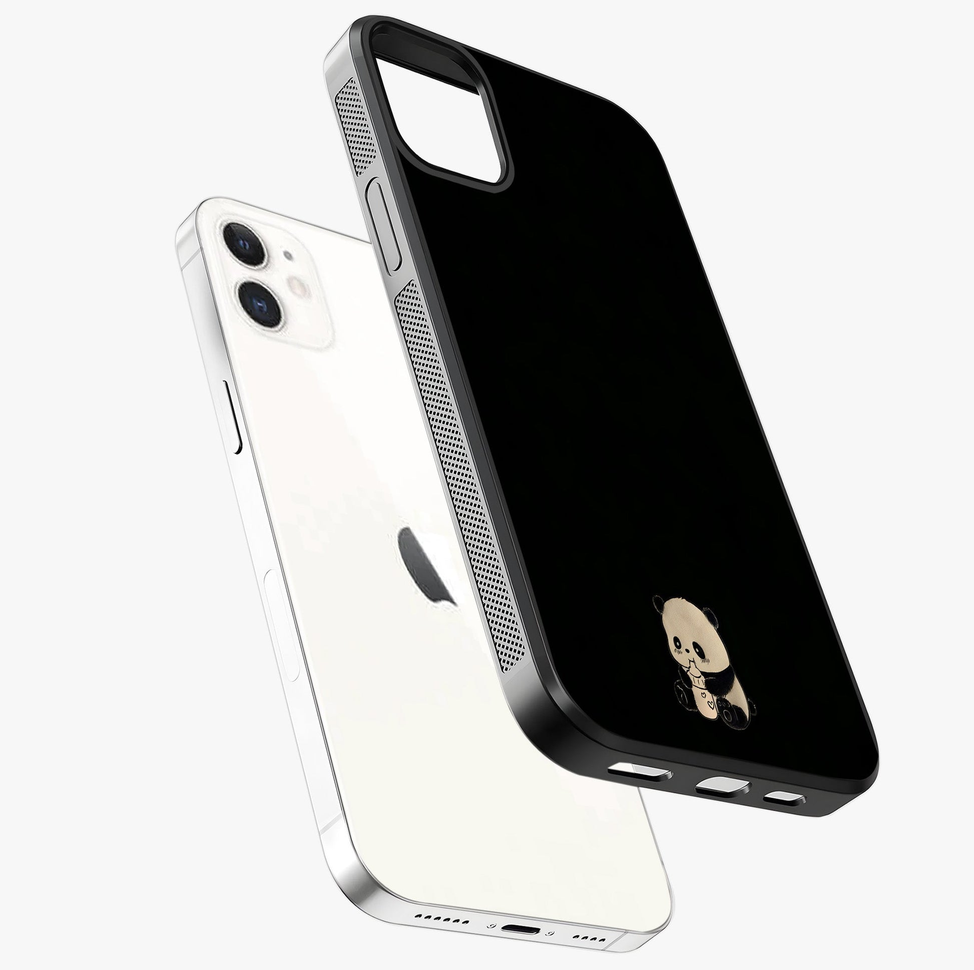 Midnight Panda Love Glass Case laid diagonally highlighting side profile, edges and glossy glass shine.