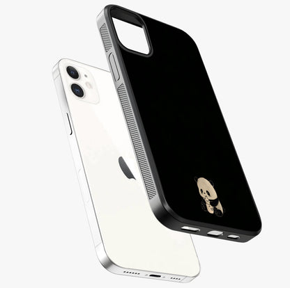 Midnight Panda Love Glass Case laid diagonally highlighting side profile, edges and glossy glass shine.