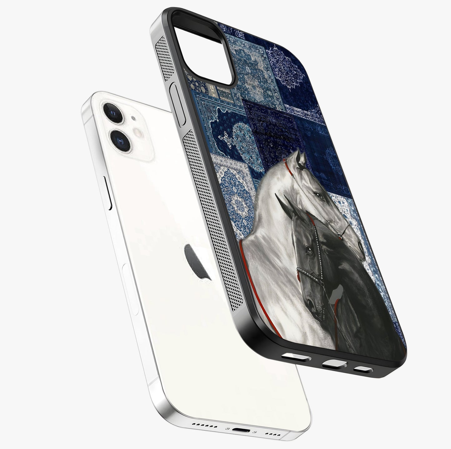 Midnight Stallion Blues Glass Case laid diagonally highlighting side profile, edges and glossy glass shine.
