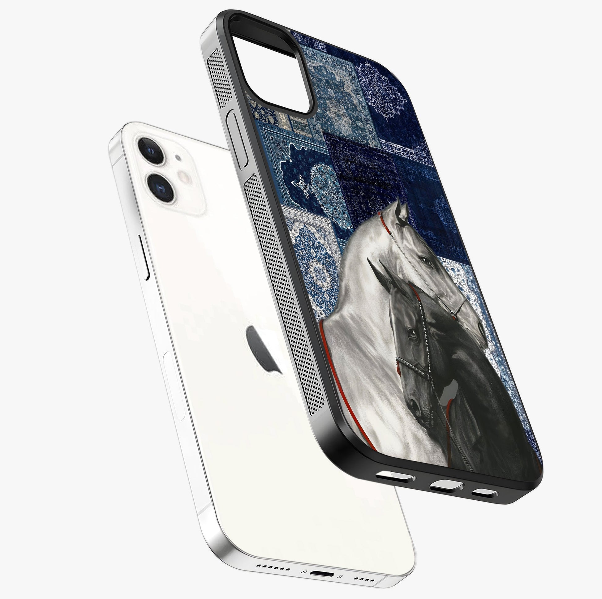 Midnight Stallion Blues Glass Case laid diagonally highlighting side profile, edges and glossy glass shine.