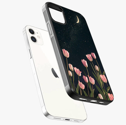 Midnight Tulip Whispers Vibe Glass Case laid diagonally highlighting side profile, edges and glossy glass shine.