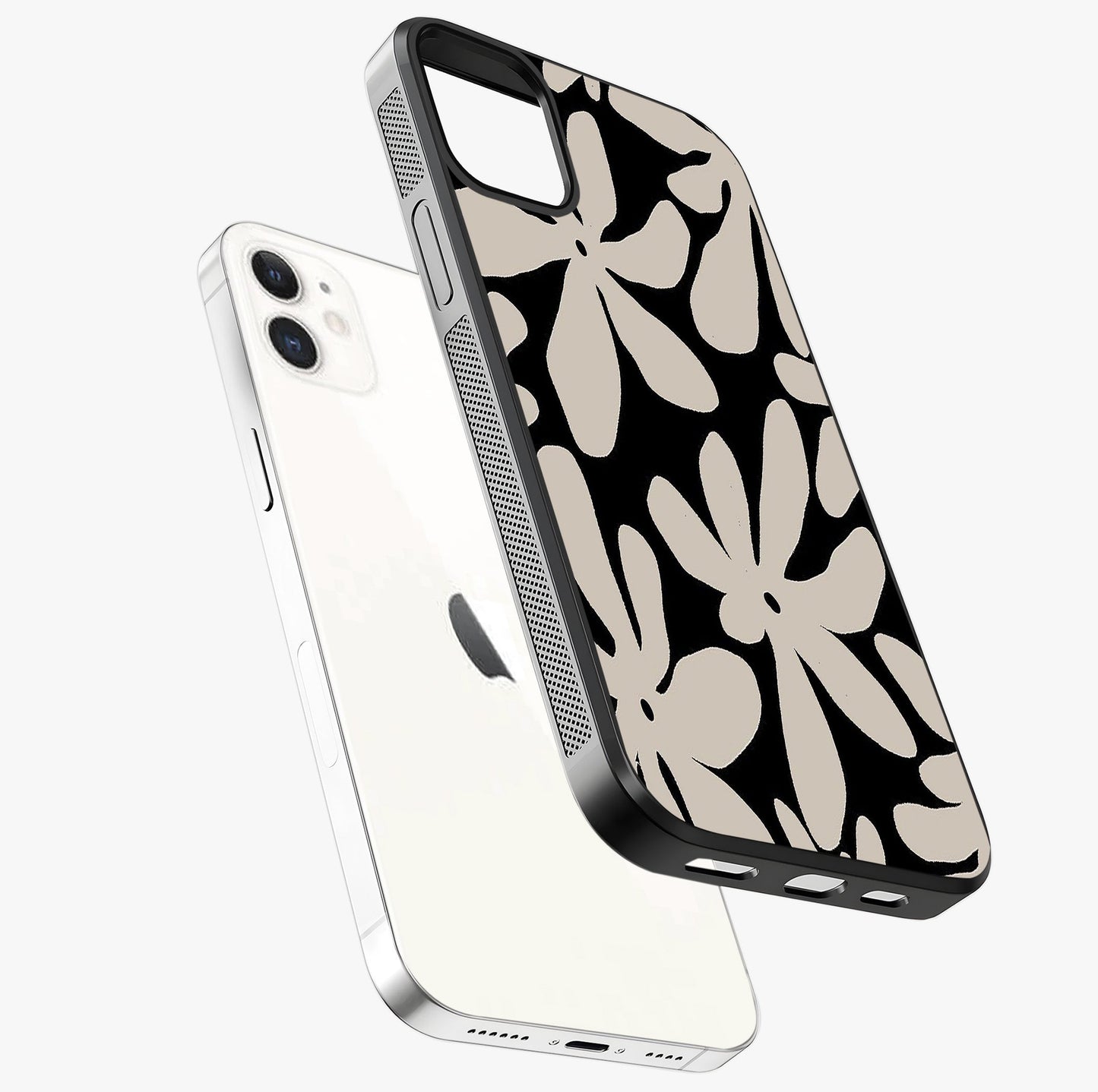 Monochrome Petal Dance Glass Case laid diagonally highlighting side profile, edges and glossy glass shine.