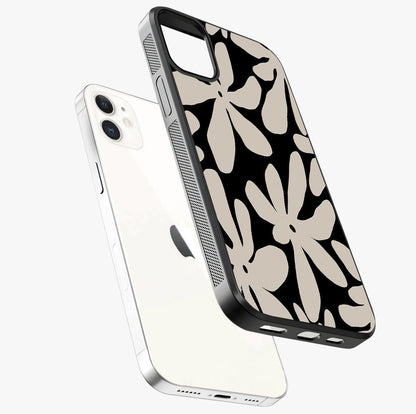 Monochrome Petal Dance Glass Case laid diagonally highlighting side profile, edges and glossy glass shine.