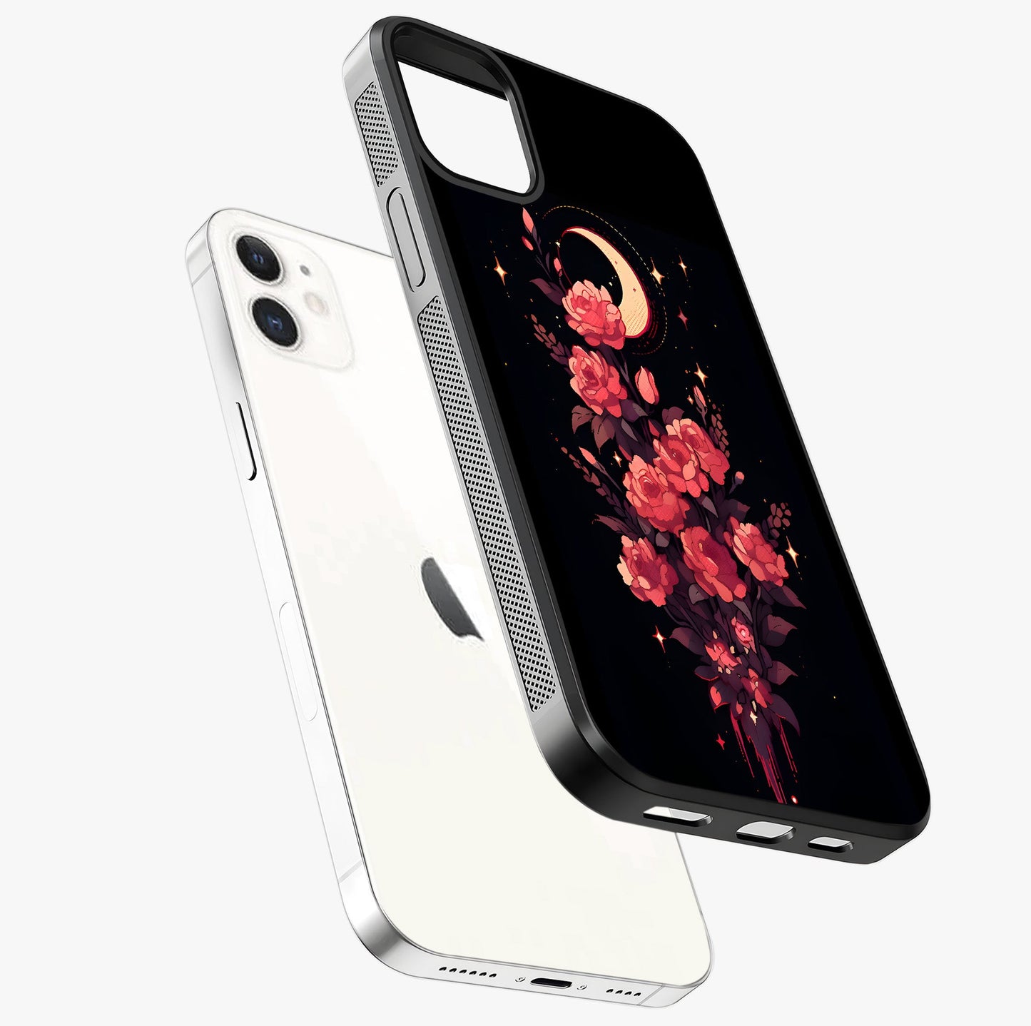 Moonlit Floral Elegance Glass Case laid diagonally highlighting side profile, edges and glossy glass shine.
