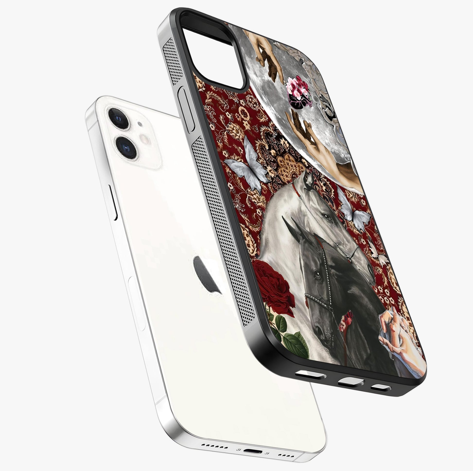 Moonlit Royal Stallion Glass Case laid diagonally highlighting side profile, edges and glossy glass shine.