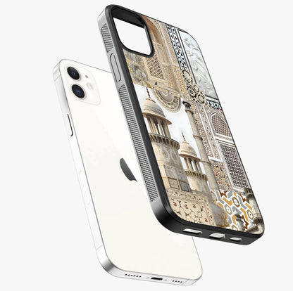 Mughal Marble Legacy Glass Case laid diagonally highlighting side profile, edges and glossy glass shine.