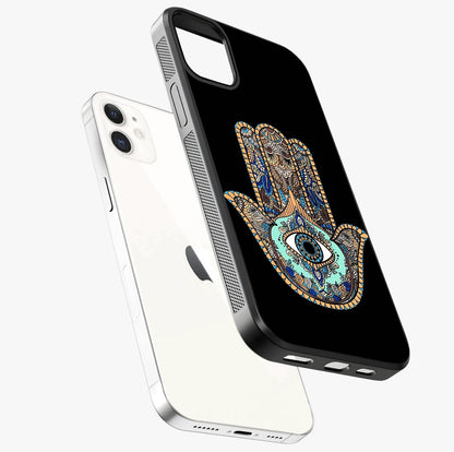 Mystic Hamsa Eye Glass Case laid diagonally highlighting side profile, edges and glossy glass shine.