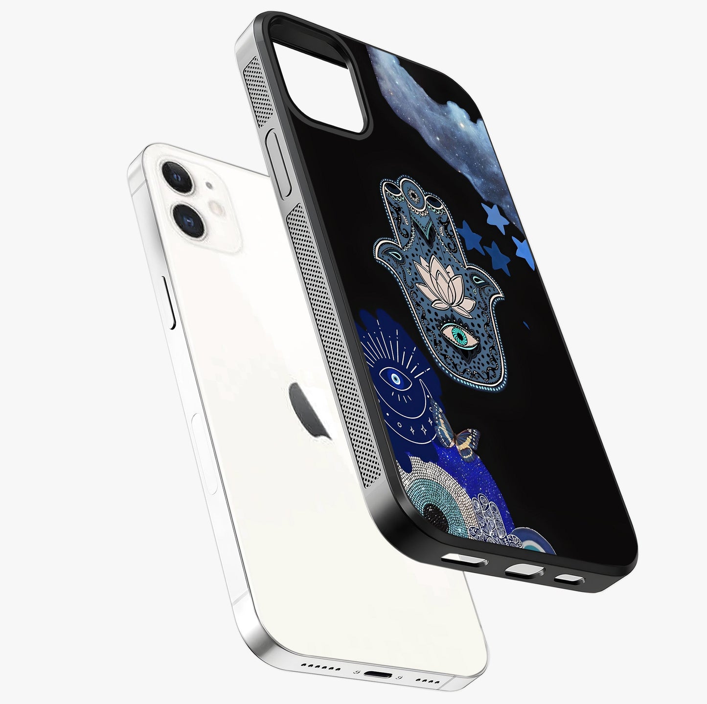 Mystic Hand Aura Glass Case laid diagonally highlighting side profile, edges and glossy glass shine.