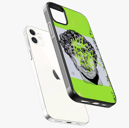 Neo Graffiti Rebellion Glass Case laid diagonally highlighting side profile, edges and glossy glass shine.