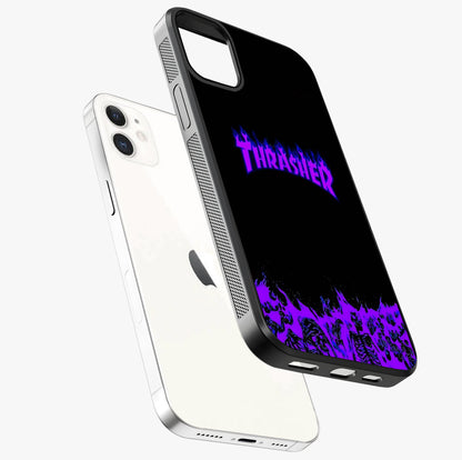 Neon Flame Riot Glass Case laid diagonally highlighting side profile, edges and glossy glass shine.