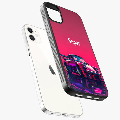 Neon Pink Porsche Glass Case laid diagonally highlighting side profile, edges and glossy glass shine.