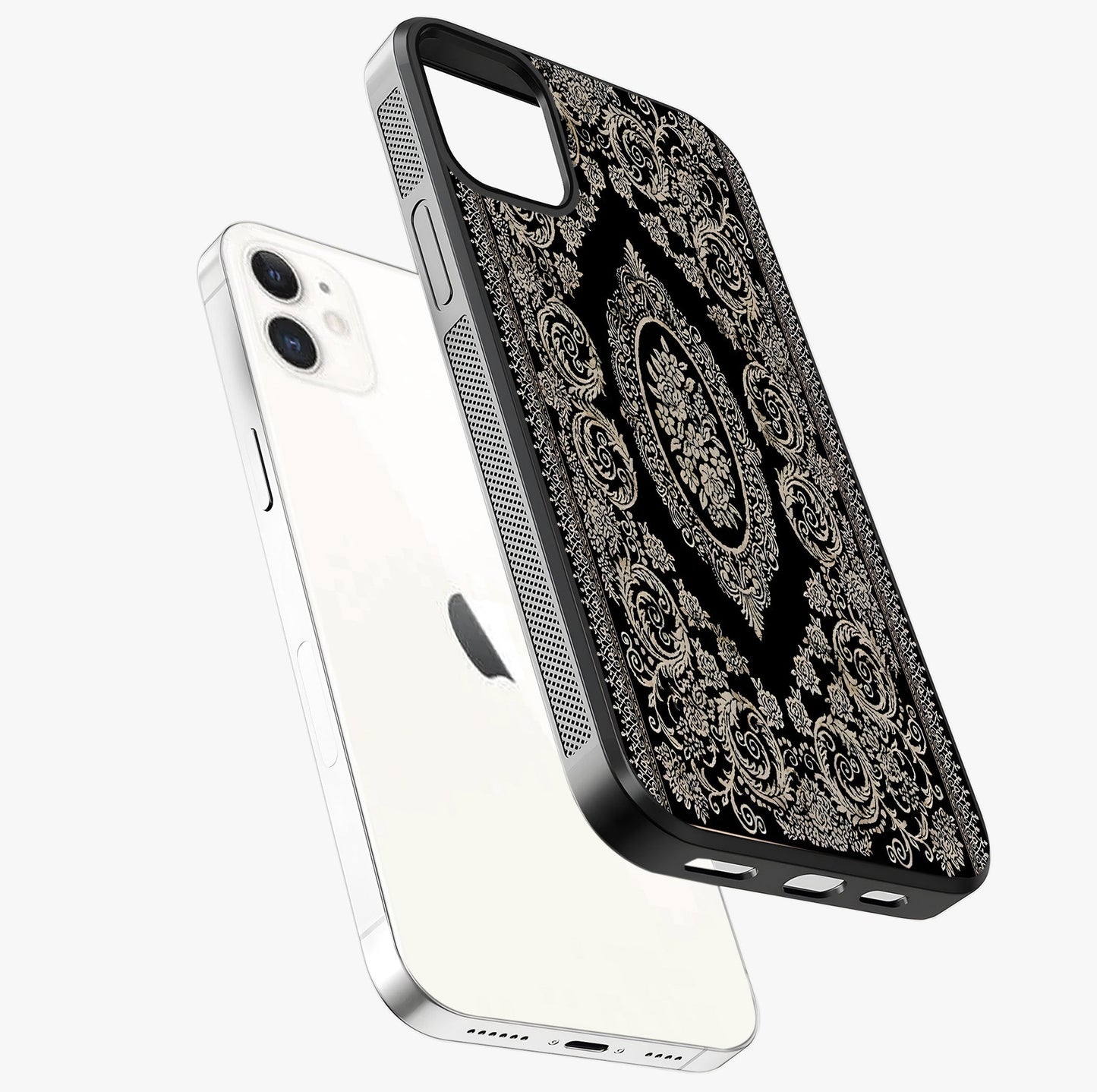 Noir Bloom Elegance Glass Case laid diagonally highlighting side profile, edges and glossy glass shine.