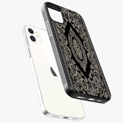 Noir Bloom Elegance Glass Case laid diagonally highlighting side profile, edges and glossy glass shine.