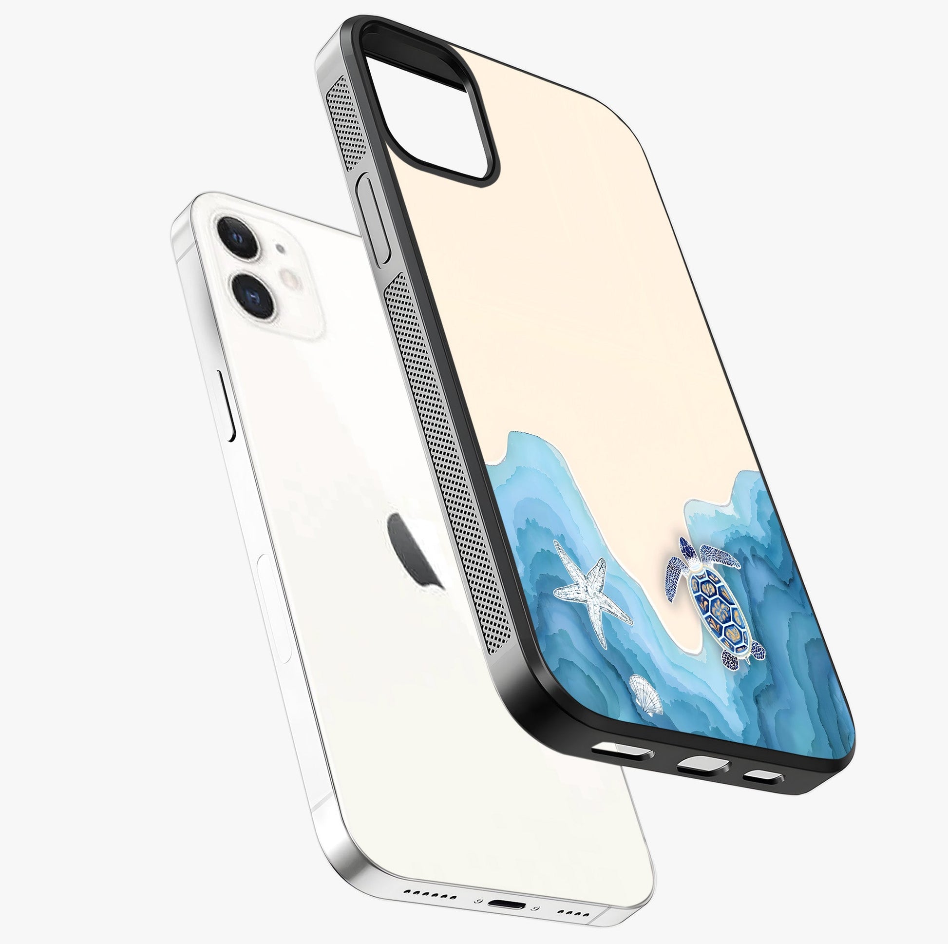 Ocean Drift Turtle Glass Case laid diagonally highlighting side profile, edges and glossy glass shine.