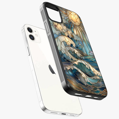 Oceanic Stained Printed Glass Case laid diagonally highlighting side profile, edges and glossy glass shine.