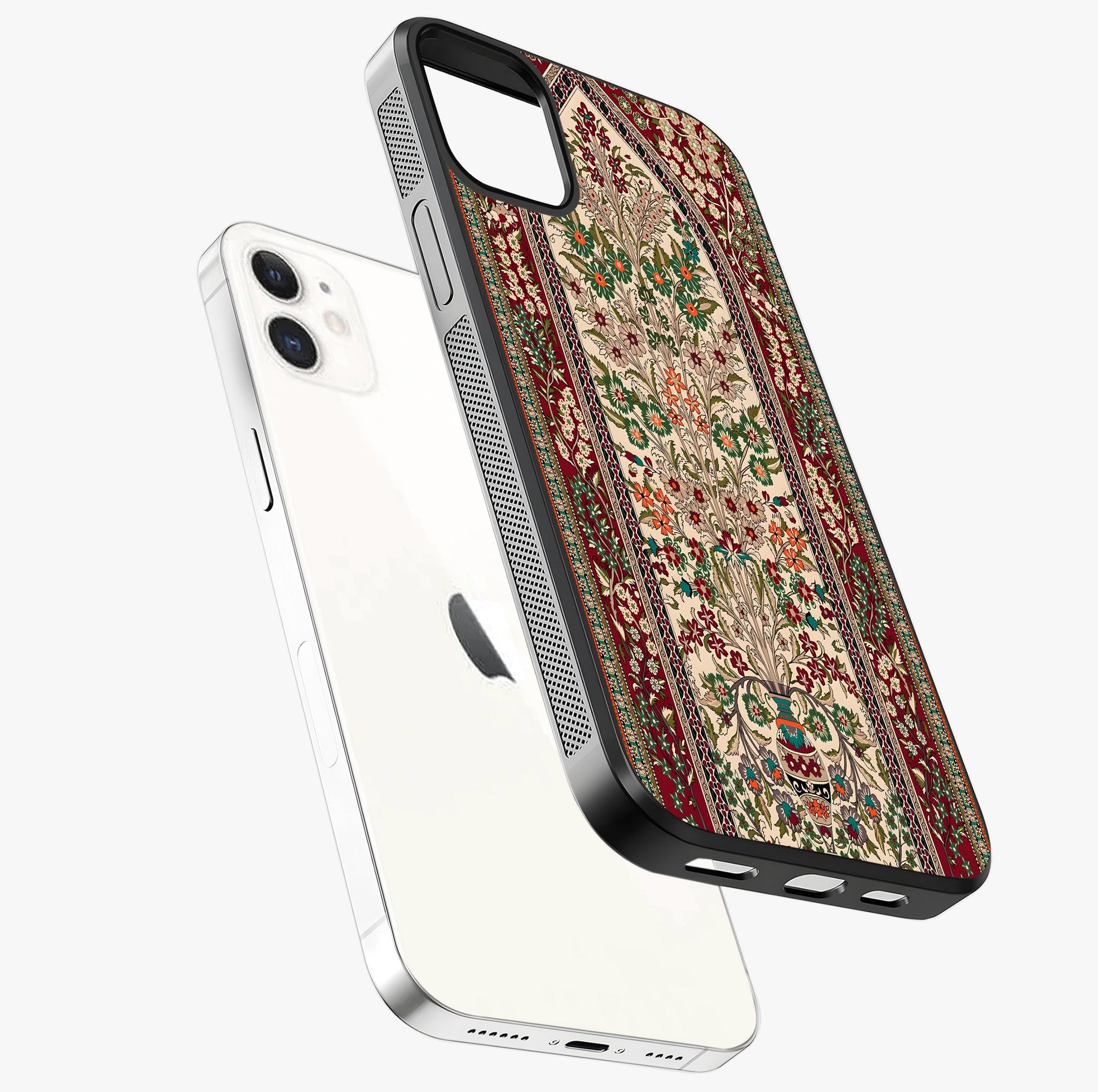 Persian Inspired Glass Case laid diagonally highlighting side profile, edges and glossy glass shine.