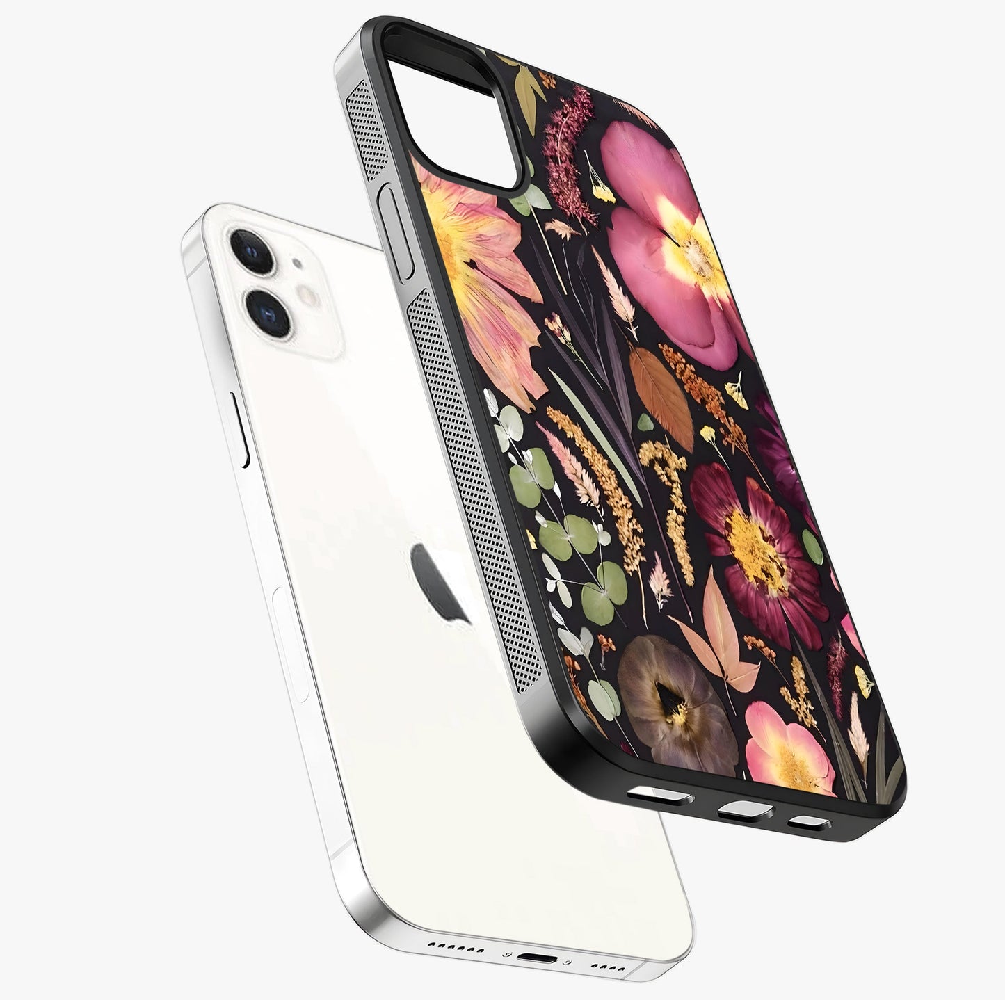 Petal Dream Tapestry Glass Case laid diagonally highlighting side profile, edges and glossy glass shine.