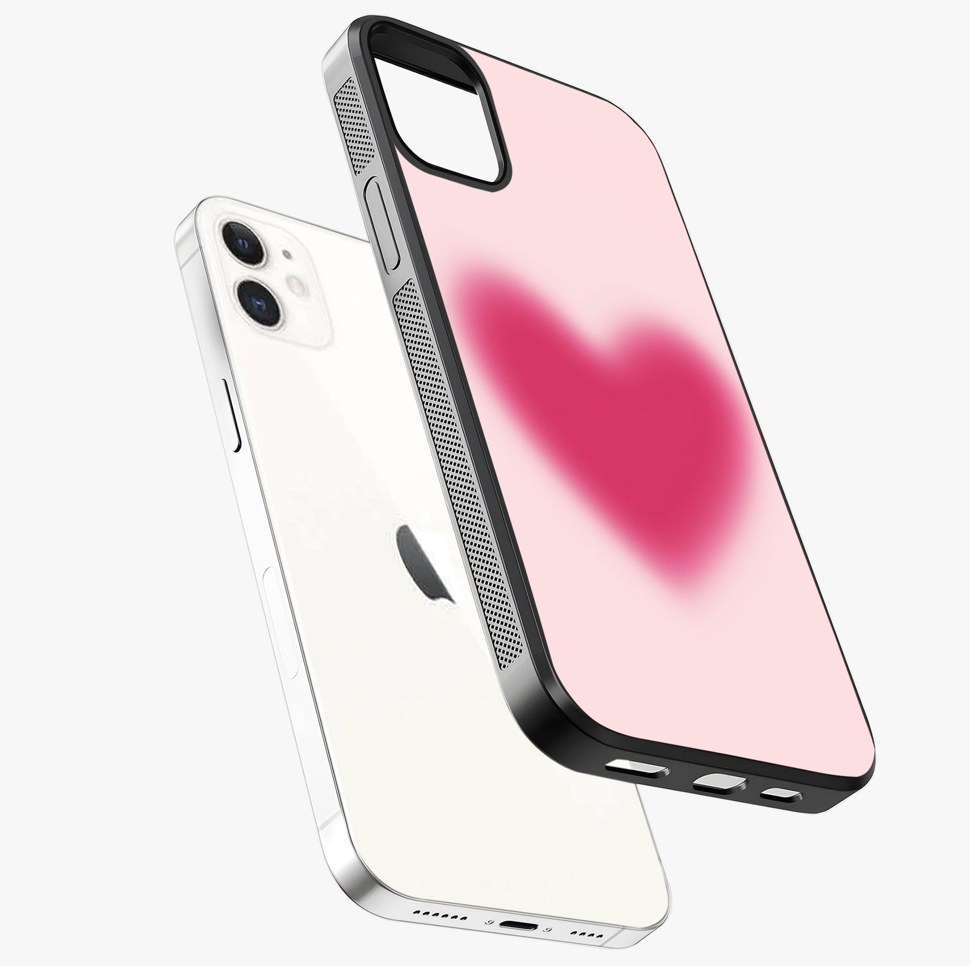 Pink Aura Heart Glass Case laid diagonally highlighting side profile, edges and glossy glass shine.