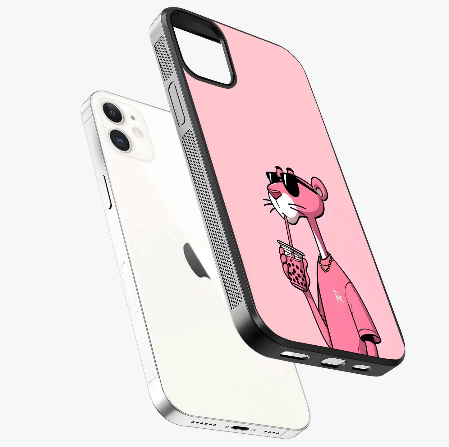 Pink Panther Glass Case laid diagonally highlighting side profile, edges and glossy glass shine.