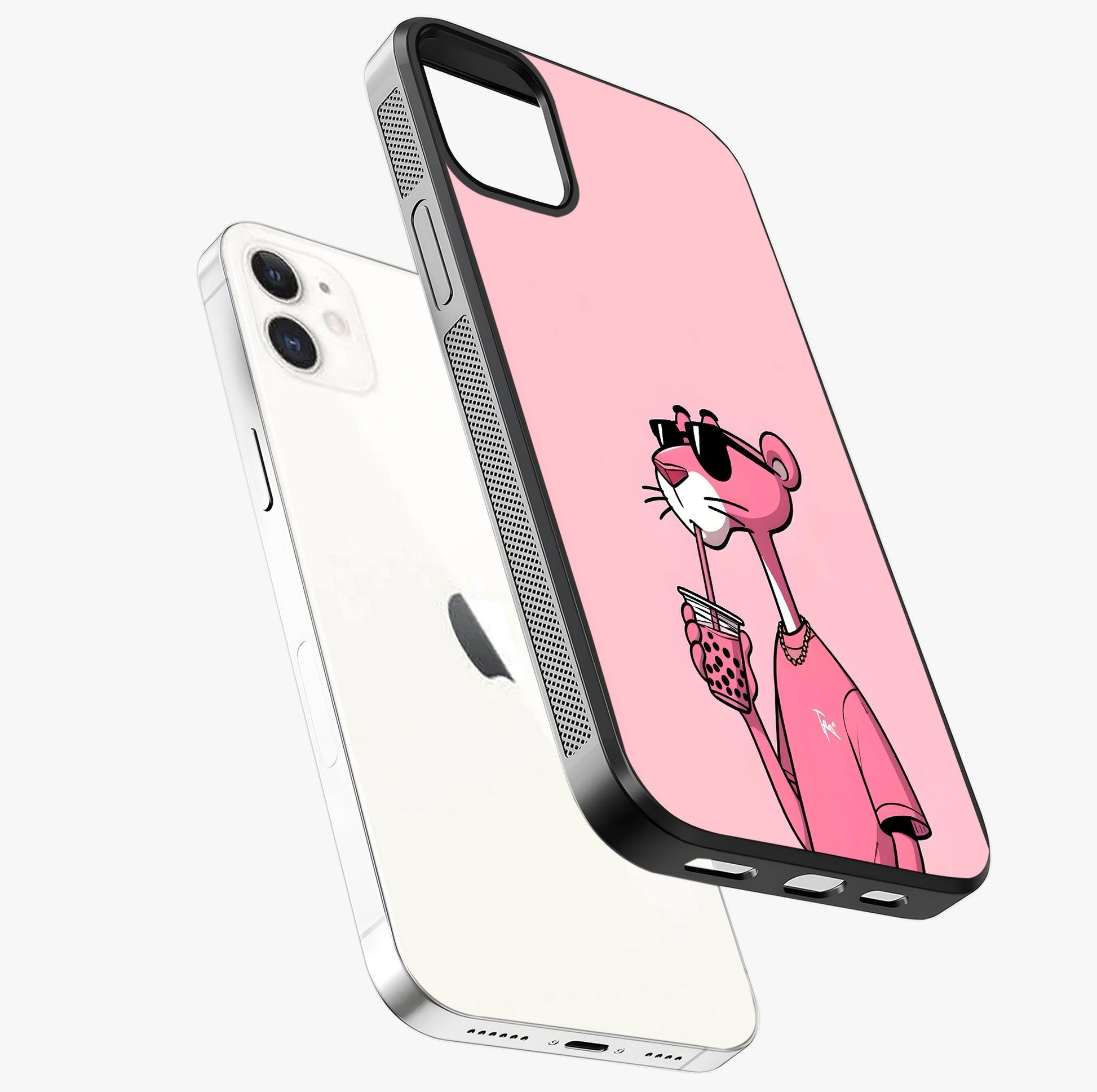 Pink Panther Glass Case laid diagonally highlighting side profile, edges and glossy glass shine.