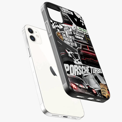 Porsche Racing Collage Glass Case laid diagonally highlighting side profile, edges and glossy glass shine.