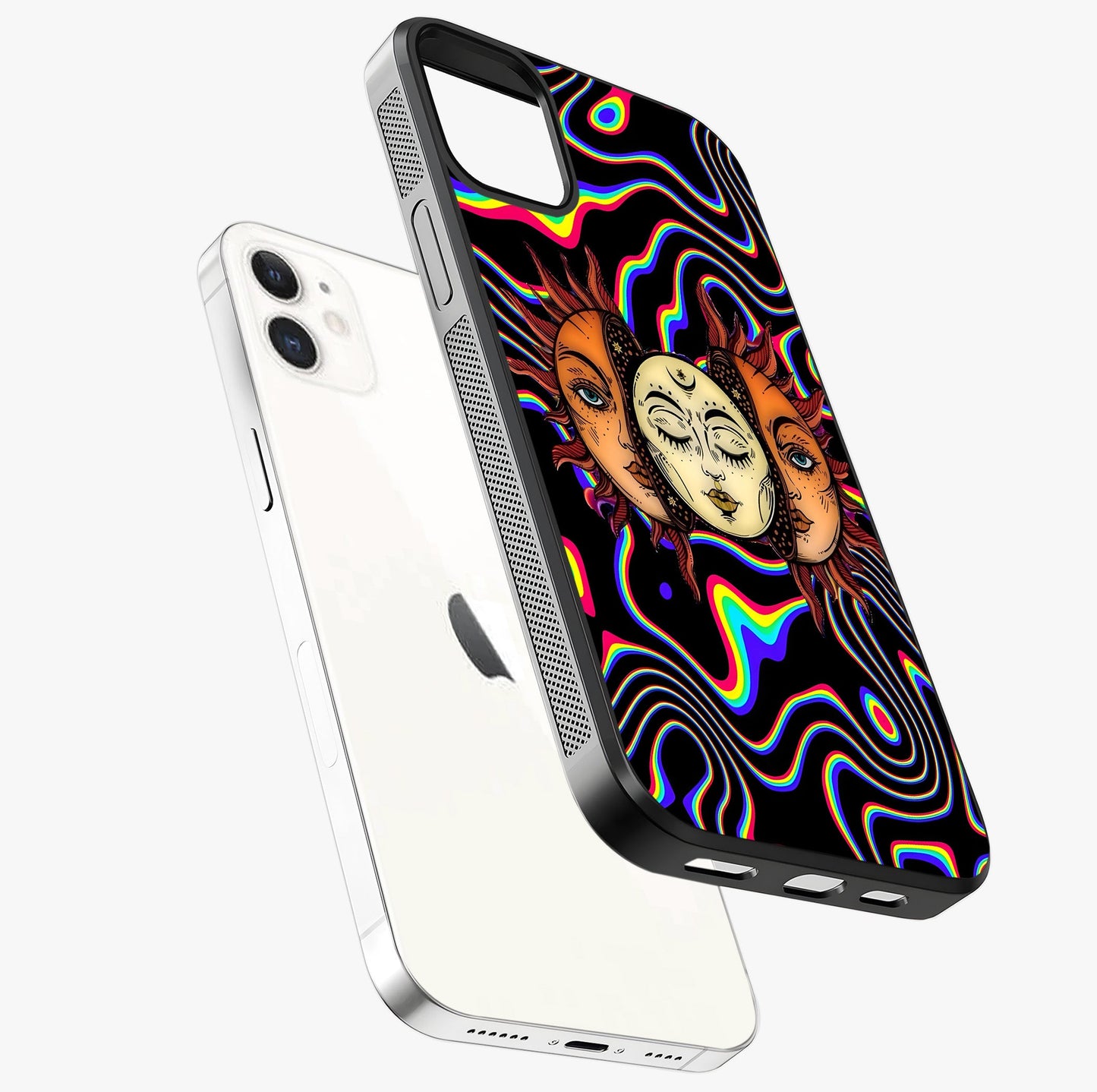 Psychedelic Sun Glass Case laid diagonally highlighting side profile, edges and glossy glass shine.