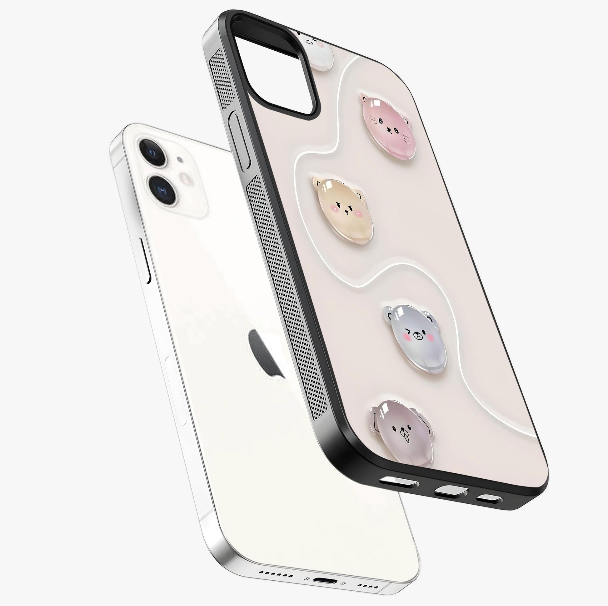 Puffy Face Parade Glass Case laid diagonally highlighting side profile, edges and glossy glass shine.