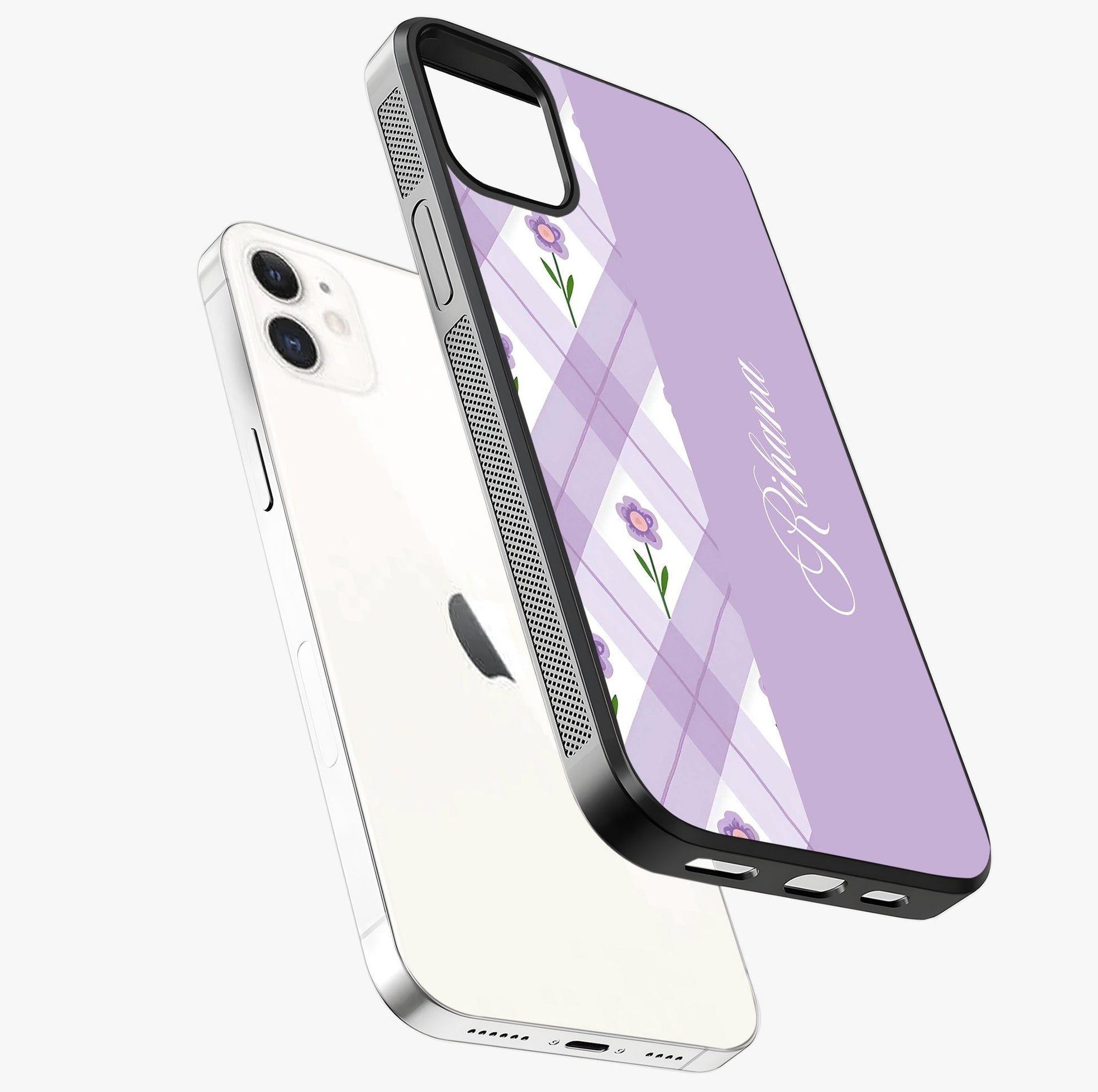 Purple Diamond Floral Glass Case laid diagonally highlighting side profile, edges and glossy glass shine.