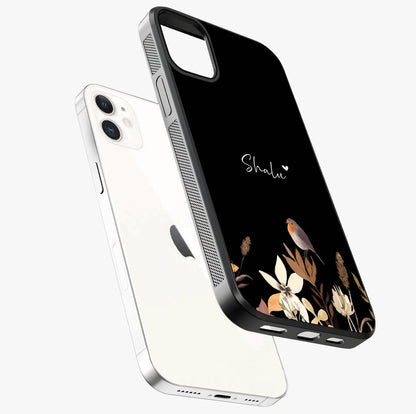 Quiet Garden Tune Custom Name Glass Case laid diagonally highlighting side profile, edges and glossy glass shine.