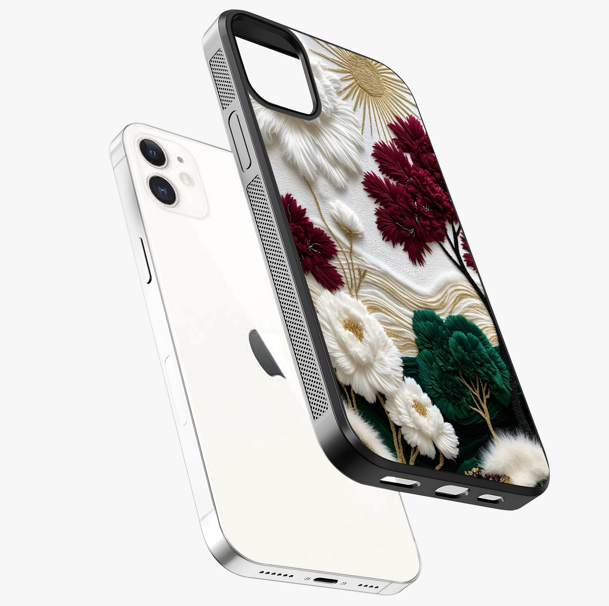Radiant Bloom Elegance Glass Case laid diagonally highlighting side profile, edges and glossy glass shine.
