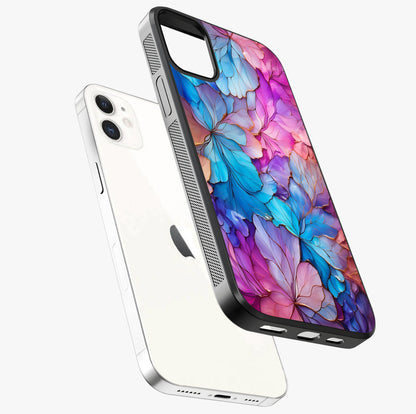 Radiant Floral Whirl Glass Case laid diagonally highlighting side profile, edges and glossy glass shine.