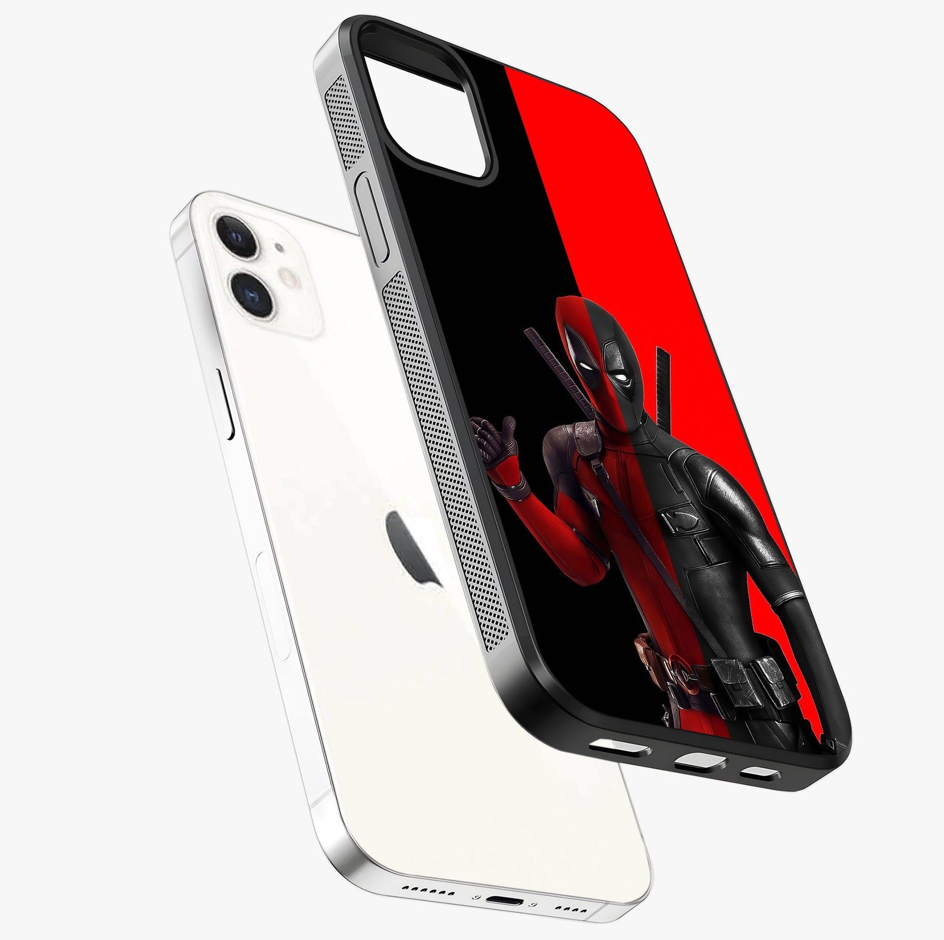 Red & Black Deadpool Theme Glass Case laid diagonally highlighting side profile, edges and glossy glass shine.