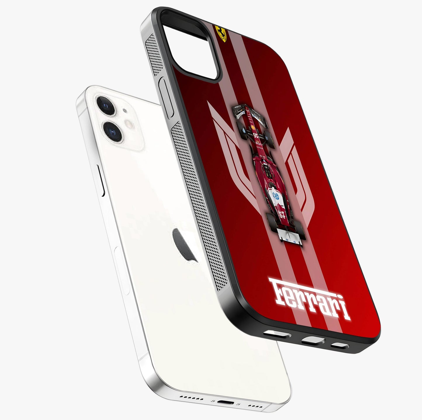 Red Ferrari F1 Vertical Glass Case laid diagonally highlighting side profile, edges and glossy glass shine.