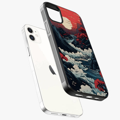 Red Sunset Scenery Glass Case laid diagonally highlighting side profile, edges and glossy glass shine.