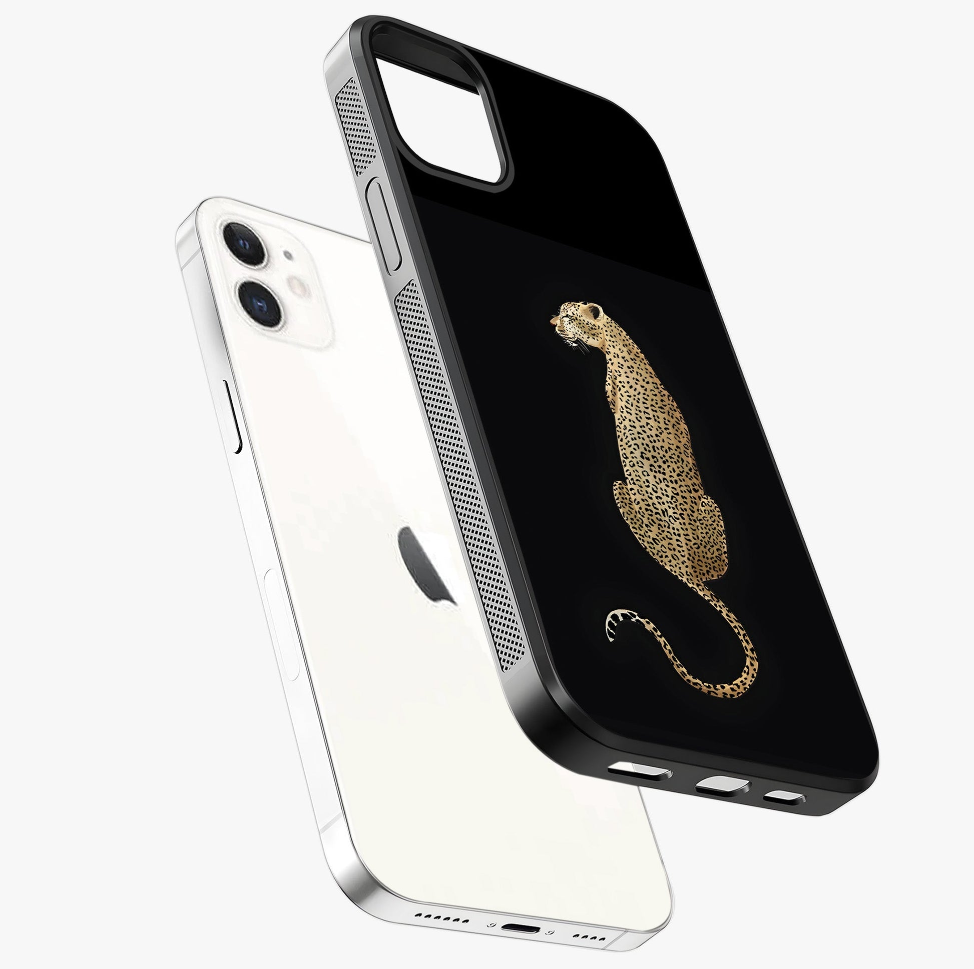 Regal Leopard Glass Case laid diagonally highlighting side profile, edges and glossy glass shine.