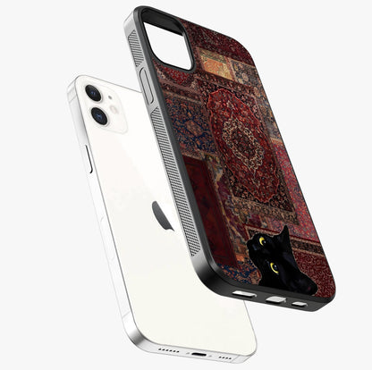 Regal Magic Cat Apple Glass Case laid diagonally highlighting side profile, edges and glossy glass shine.