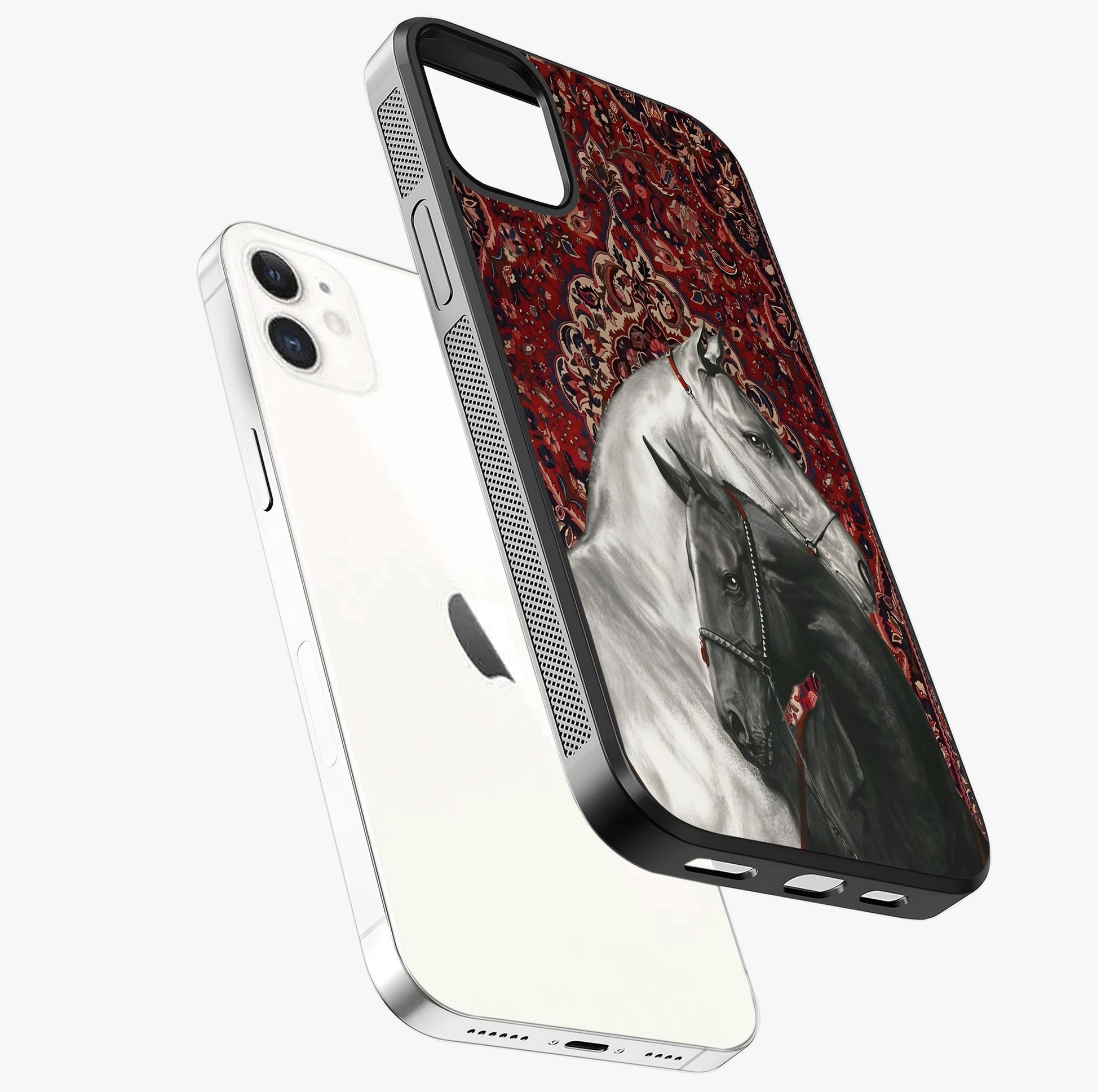 Regal Stallion Tapestry Glass Case laid diagonally highlighting side profile, edges and glossy glass shine.