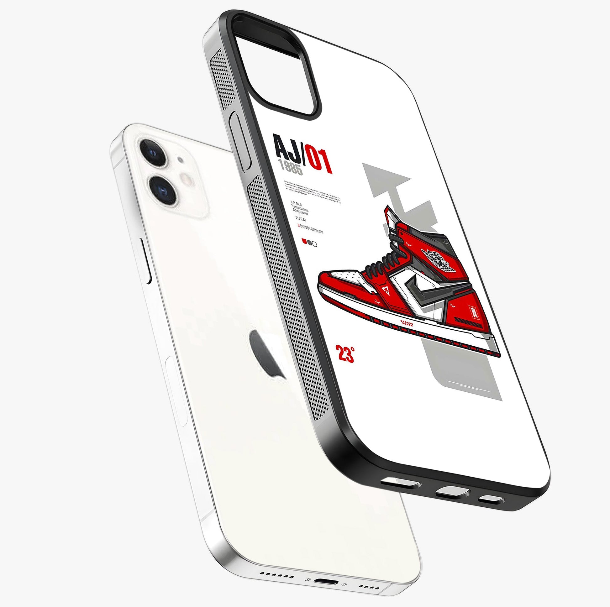 Retro Sneaker Blueprint Glass Case laid diagonally highlighting side profile, edges and glossy glass shine.