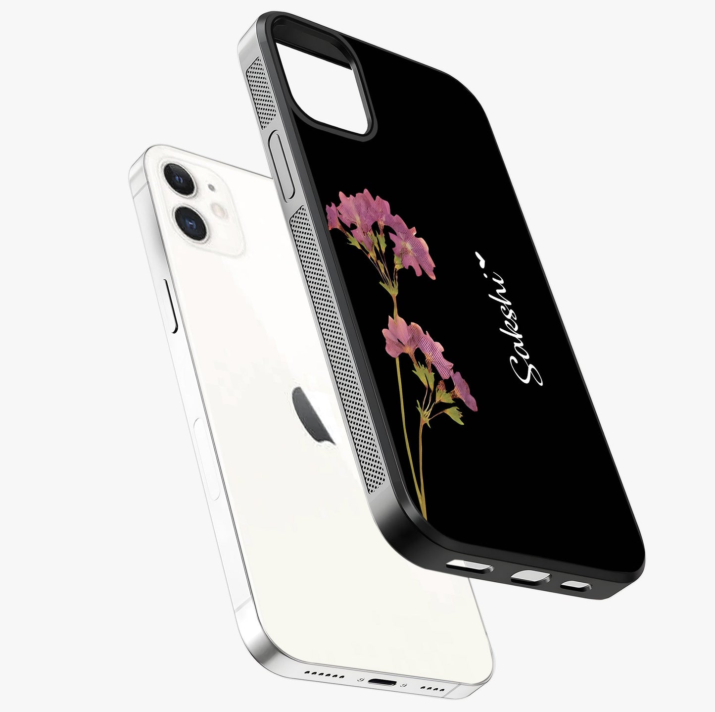 Riching Lavender Flower Custom Name Glass Case laid diagonally highlighting side profile, edges and glossy glass shine.