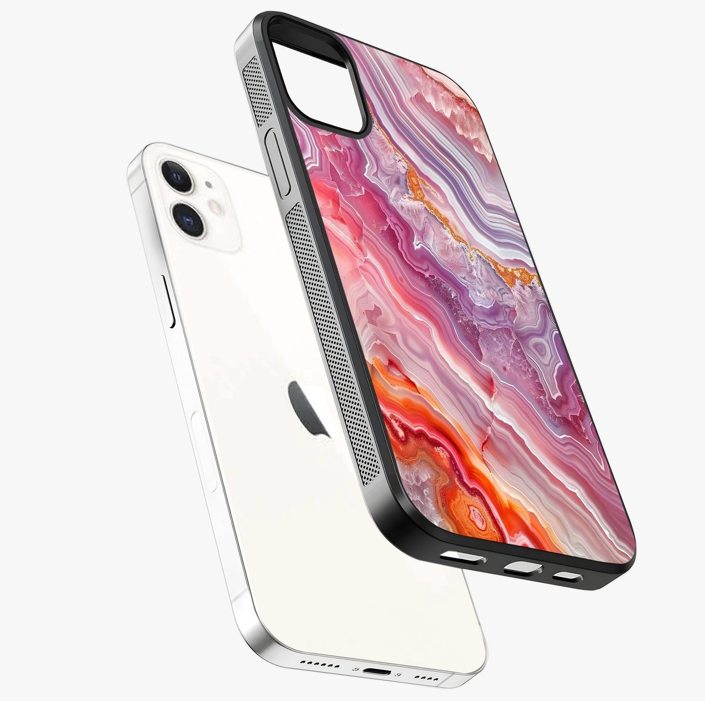 Rose Quartz Marble Glass Case laid diagonally highlighting side profile, edges and glossy glass shine.