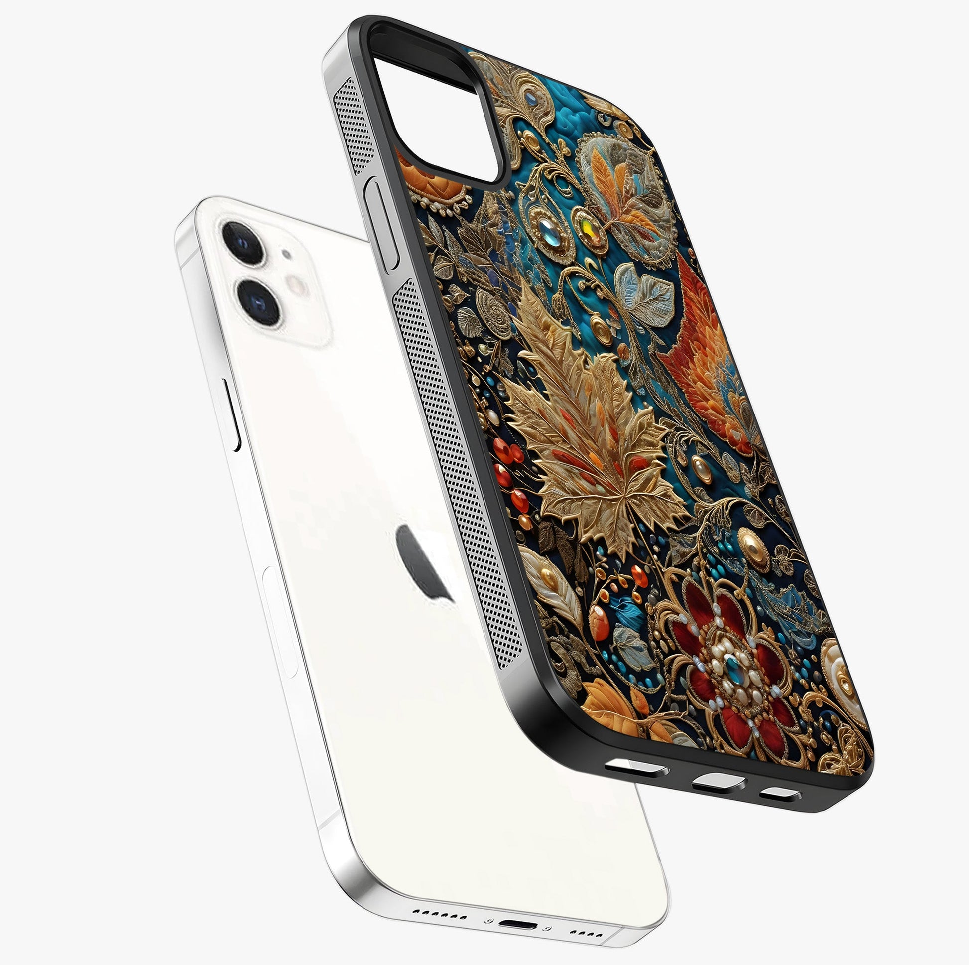 Royal Jewel Garden Glass Case laid diagonally highlighting side profile, edges and glossy glass shine.