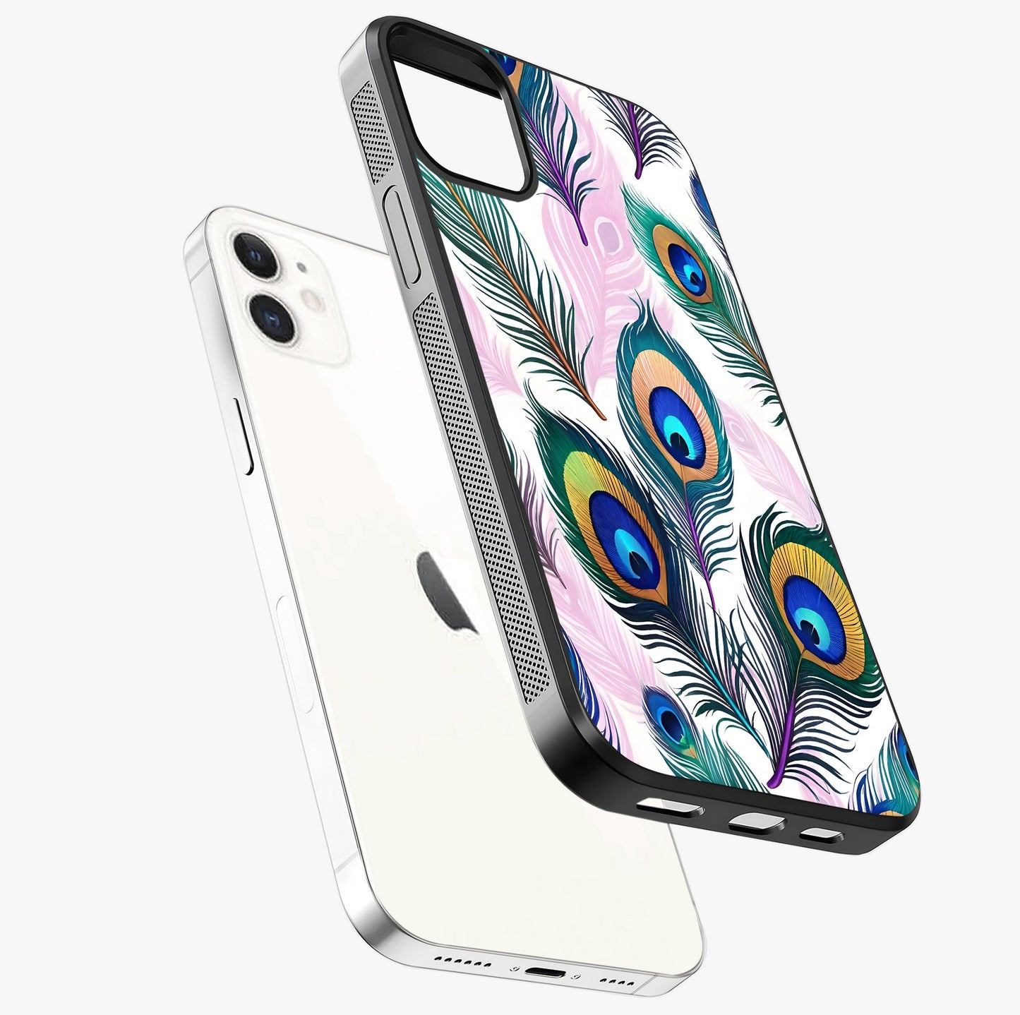 Royal Peacock Feathers Glass Case laid diagonally highlighting side profile, edges and glossy glass shine.