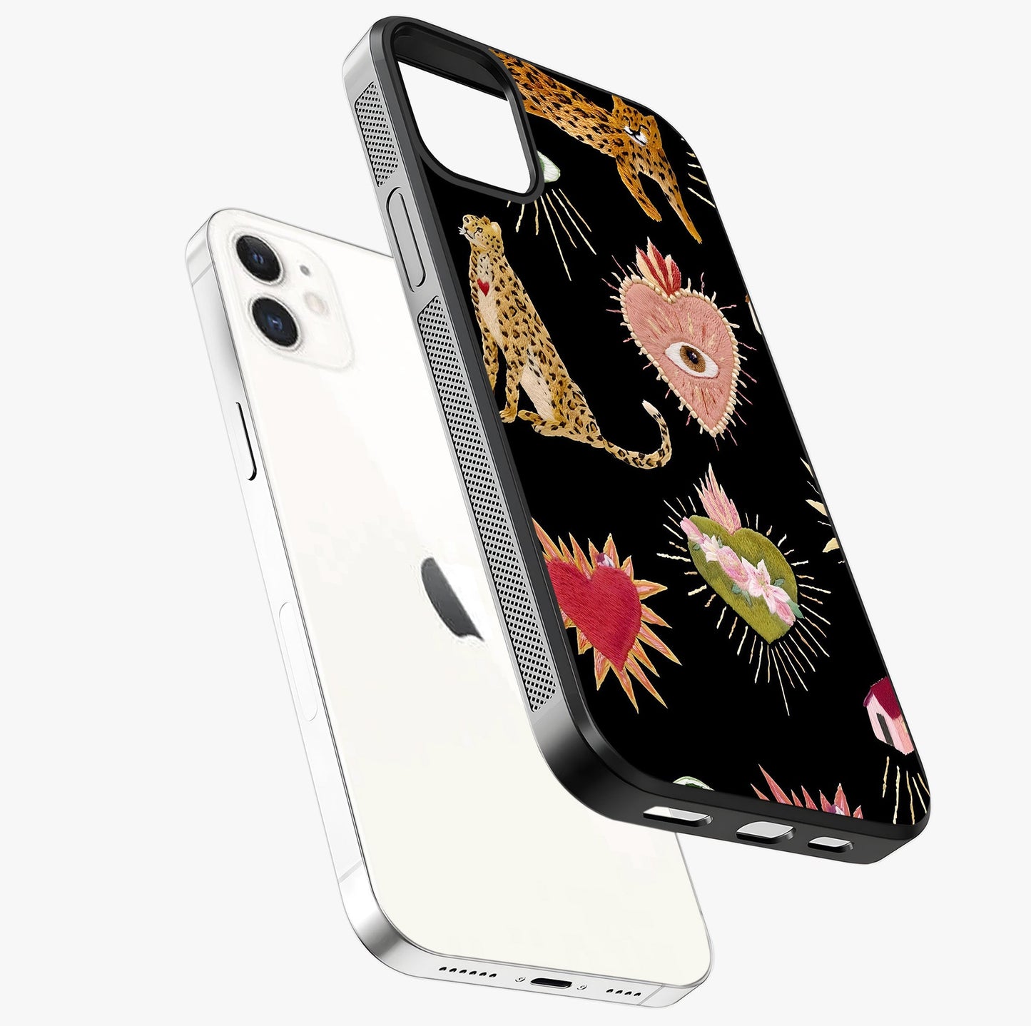 Sacred Jungle Heart Glass Case laid diagonally highlighting side profile, edges and glossy glass shine.