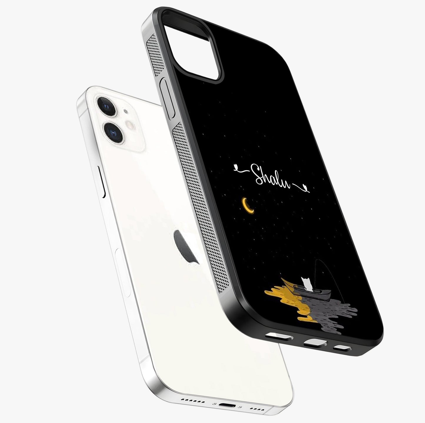 Silent Night Row Glass Case laid diagonally highlighting side profile, edges and glossy glass shine.