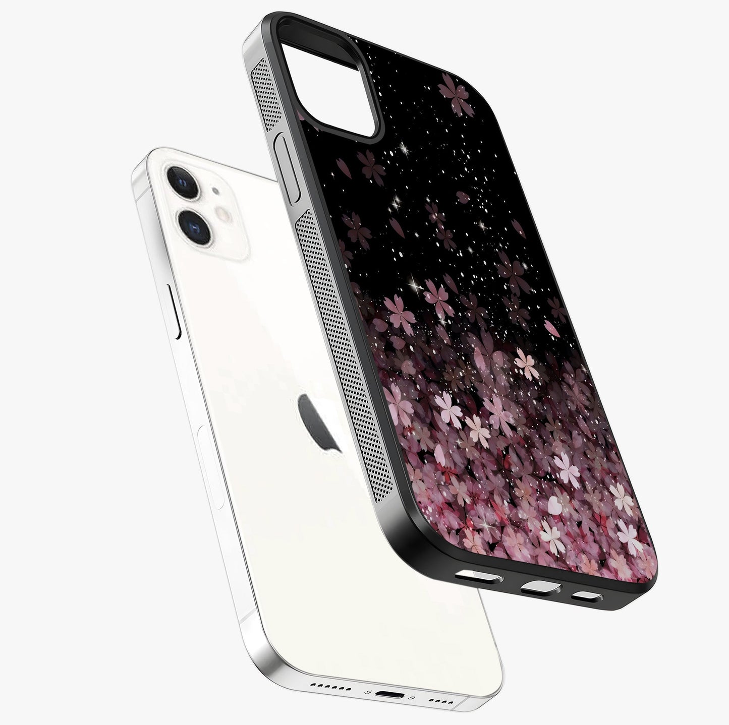 Small Starry Flowers Glass Case laid diagonally highlighting side profile, edges and glossy glass shine.