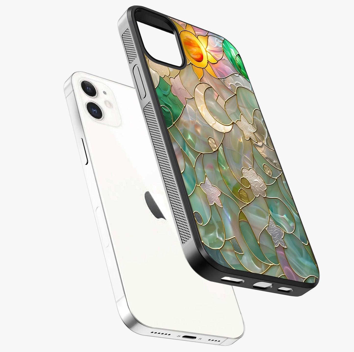 Stained Sunrise Glow Glass Case laid diagonally highlighting side profile, edges and glossy glass shine.